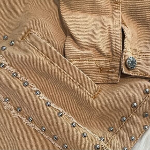 NEW APA Denim Studded Boyfriend Frayed Trucker Oversized Utility Jacket Khaki … - Picture 7 of 11